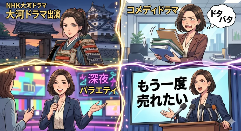 大河ドラマ、配信、バラエティなど、2026年現在のベッキーさんの幅広い活動をまとめたモンタージュイラスト。