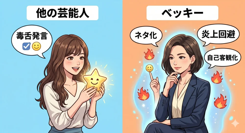 ベッキーさんが自身で明かした「炎上しない」理由である「自己客観化」の構図を表現した図解イラスト。