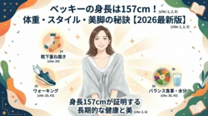 ベッキーの身長157cm・体重・スタイル維持の秘訣を徹底解説する2026年最新版ブログ記事のアイキャッチイラスト。