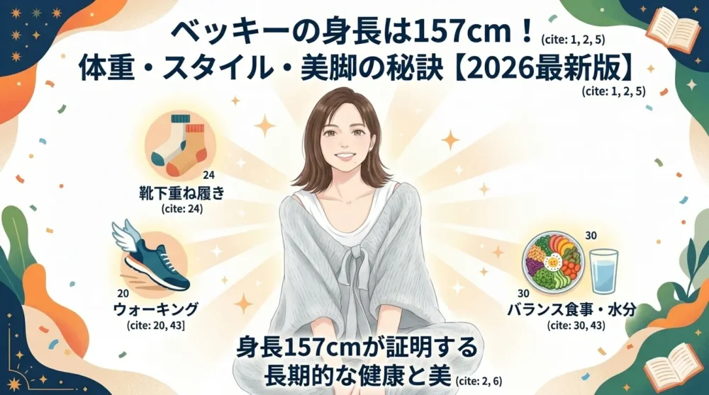 ベッキーの身長157cm・体重・スタイル維持の秘訣を徹底解説する2026年最新版ブログ記事のアイキャッチイラスト。