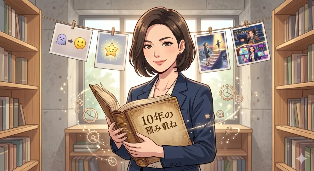 ベッキーさんの「大人の対応」が、10年の積み重ねによって生まれたものであることを表現した総括イラスト。