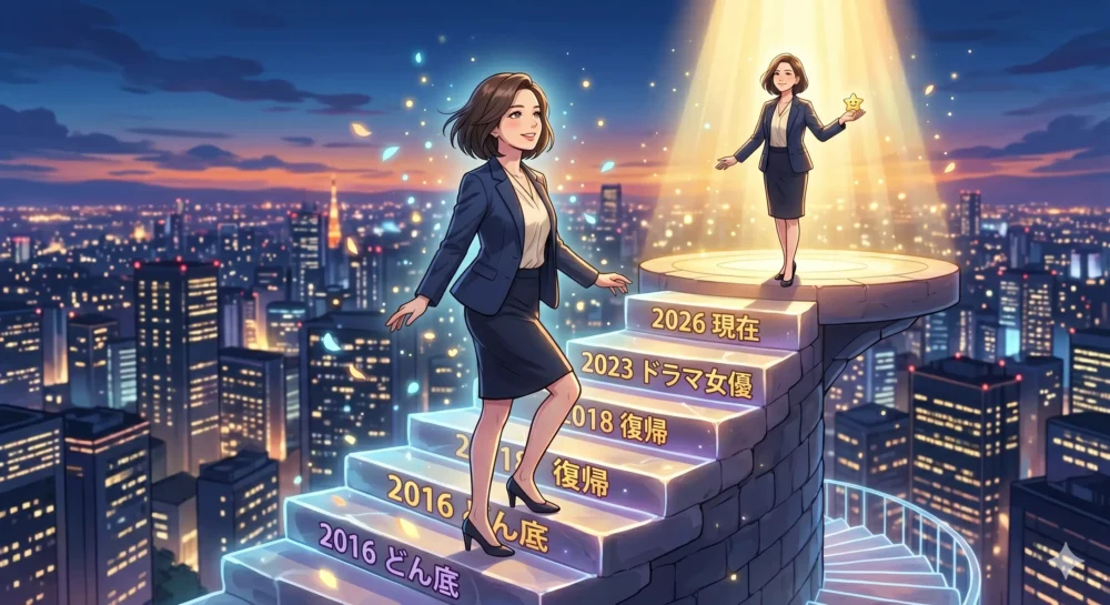 不倫スキャンダルからの10年間で、ベッキーさんが復活し好感度を回復していく軌跡を表現したイラスト。