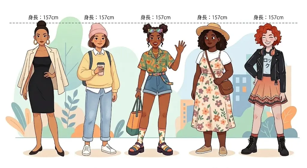 同じ身長157cmでもプロポーションやファッションによって印象が異なることを示す女性キャラクターの比較イラスト。