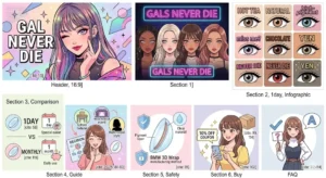 ちゃんみなプロデュースカラコン「ギャルネバーダイ（GAL NEVER DIE）」のアイキャッチイラスト。スタイリッシュな女性シンガーがカラコンをアピールするY2Kテイストのデザイン。