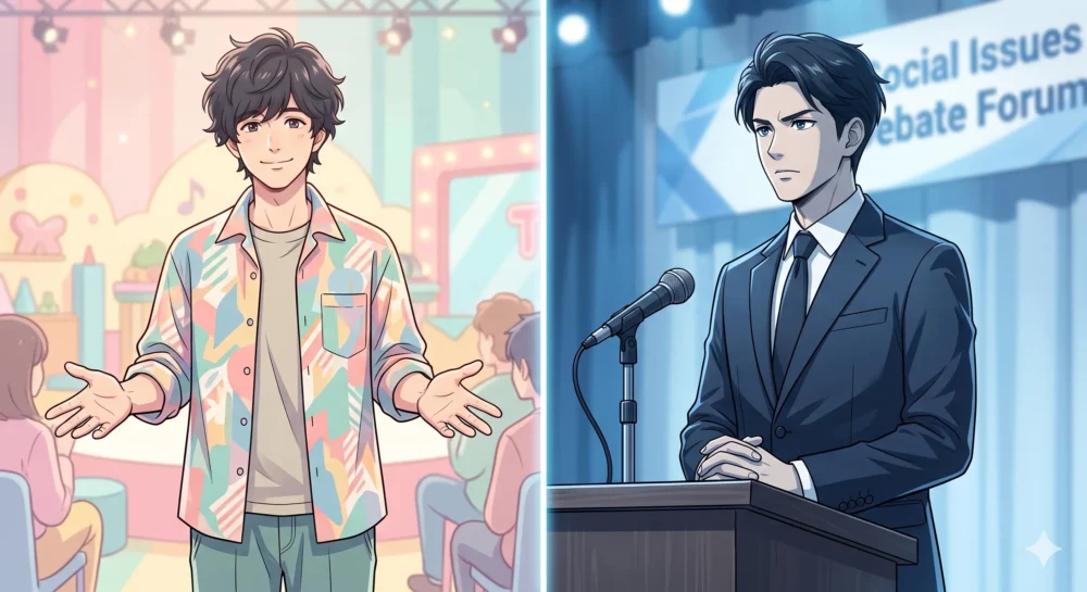 優しいお笑い芸人から社会問題へ切り込む真剣な論客へとキャラクターが変化する様子を描いた対比イラスト
