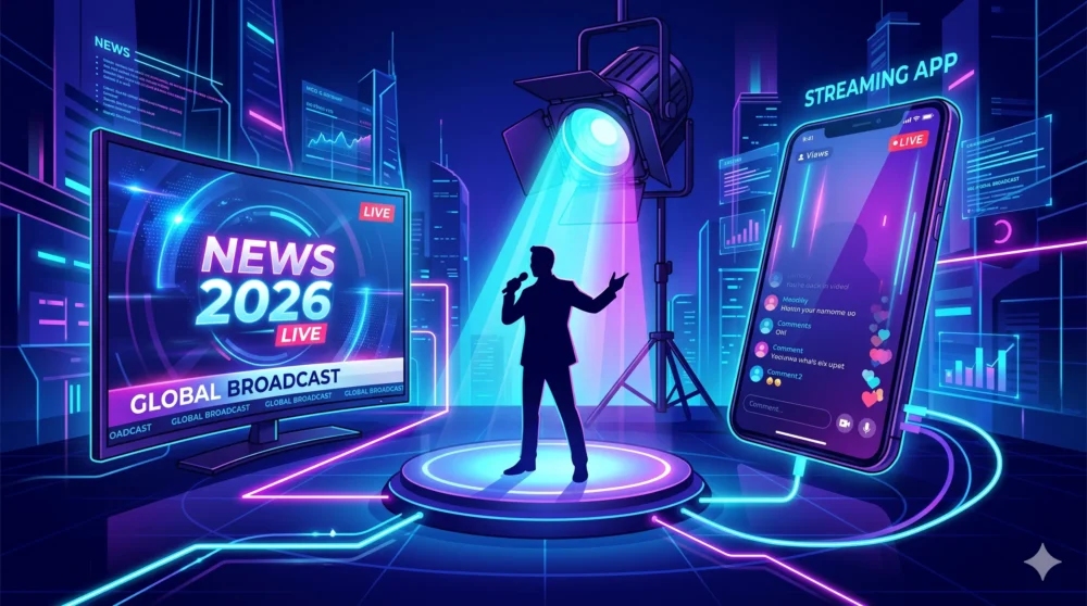 2026年のメディア環境において、テレビや動画配信を通じて政治的発言を行うお笑い芸人のイメージイラスト