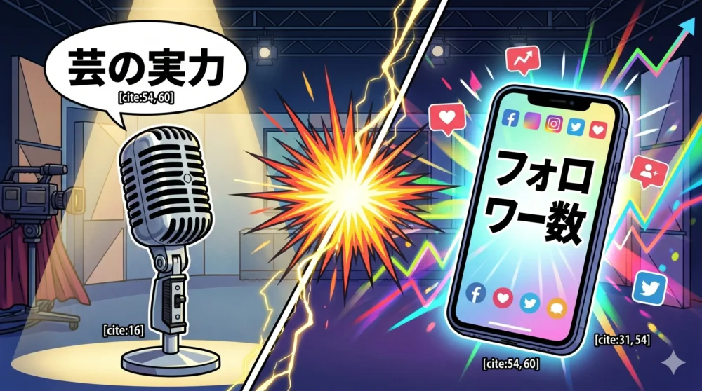 テレビの伝統的な実力主義と、SNSのフォロワー数至上主義の衝突を表現した「芸人vsインフルエンサー」の対立イメージイラスト