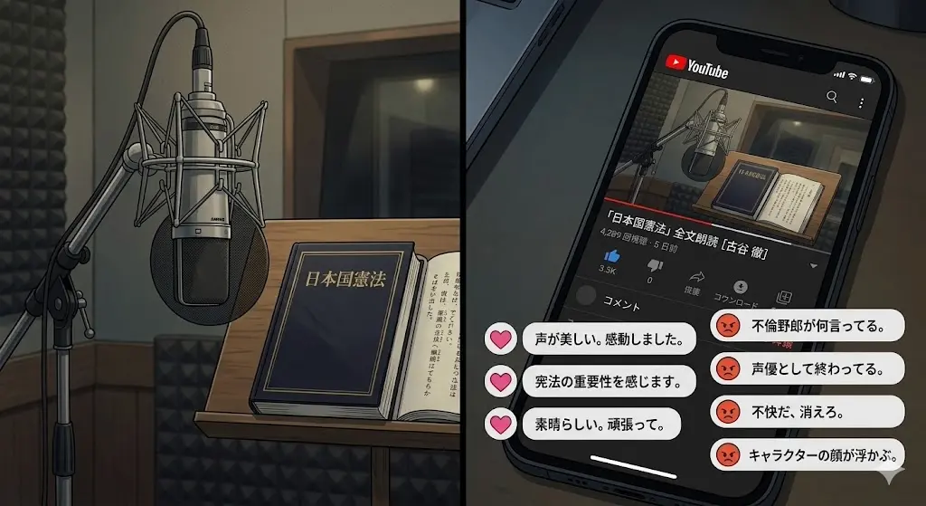 2026年5月の憲法朗読動画に対する、称賛と批判が入り混じるネット上の反応と再生数の格差を示す図解イラスト