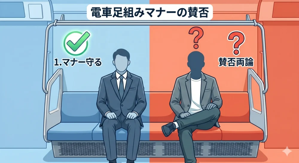電車内での足組み行為がマナー違反にあたるかを検証する、〇バツ形式のわかりやすい図解イラスト