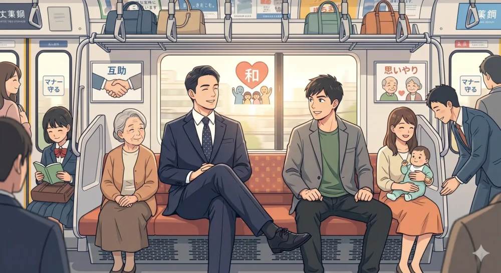 乗客同士がお互い様の精神で笑顔で過ごす、マナーの良い平和な電車内のイラスト
