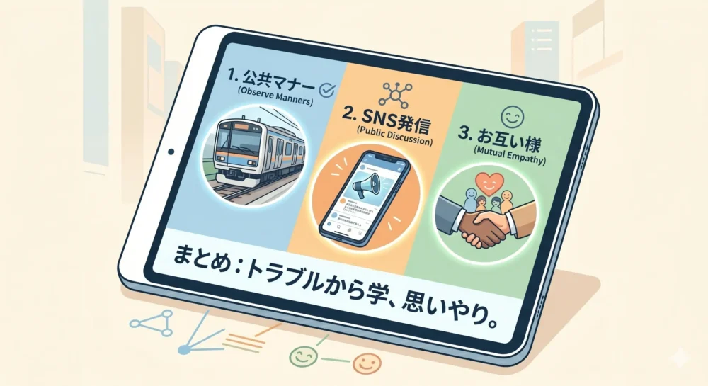 電車内のトラブルから学ぶ公共マナーとSNS発信のポイントをまとめたアイコン付きの総括イラスト