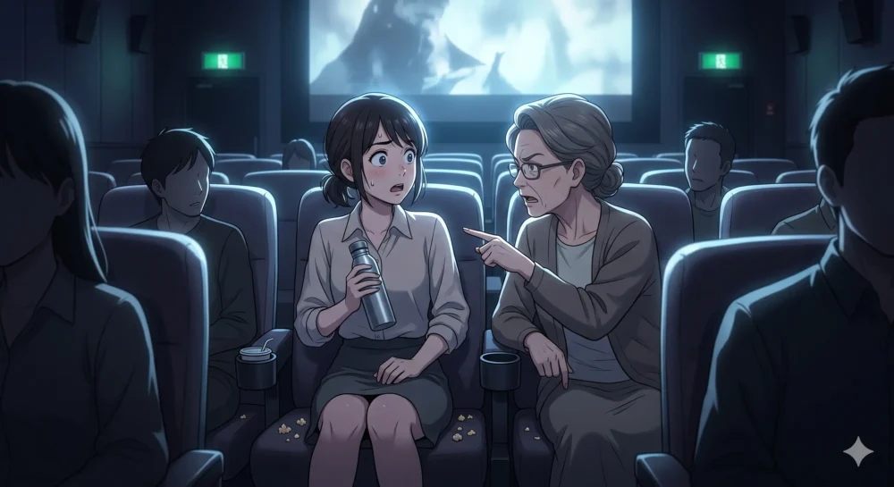 映画館で水筒のお茶を飲み、隣の客から注意を受けてショックを受ける20代OLのイラスト。
