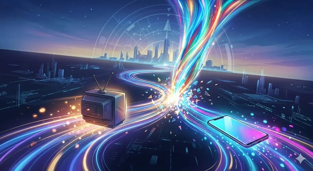 Futuristic digital art illustration. A bright, glowing pathway where a traditional TV set and a modern smartphone are merging into a brilliant beam of colorful light. Hopeful, cinematic atmosphere, representing the future coexistence of media.