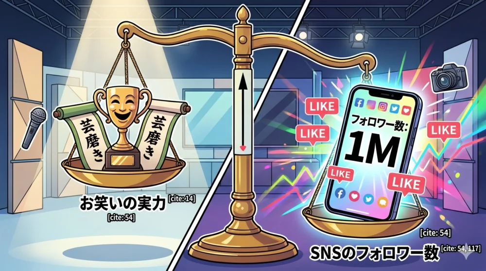 芸の実力（スキル）よりもSNSのフォロワー数が重視され、芸能界の敷居が下がっている現状を表現した天秤の図解イラスト