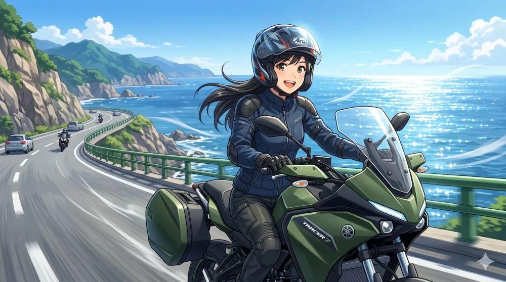 バイク女子の新たなロールモデルとして、笑顔でツーリングを楽しむ爽やかな女性ライダーのイラスト