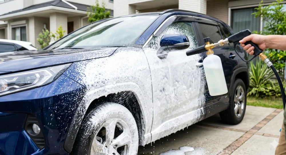 フォームガンの外観と、男性が青いSUVに白い洗車泡を吹きつけている様子。明るい日差しの下、泡が車体を覆い始めている。