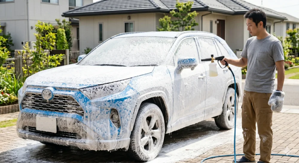 洗車フォームガンで完全に白い泡に覆われた青いSUV。男性が車全体に泡を吹きつけている手順の途中の様子。泡が均一に密着している。