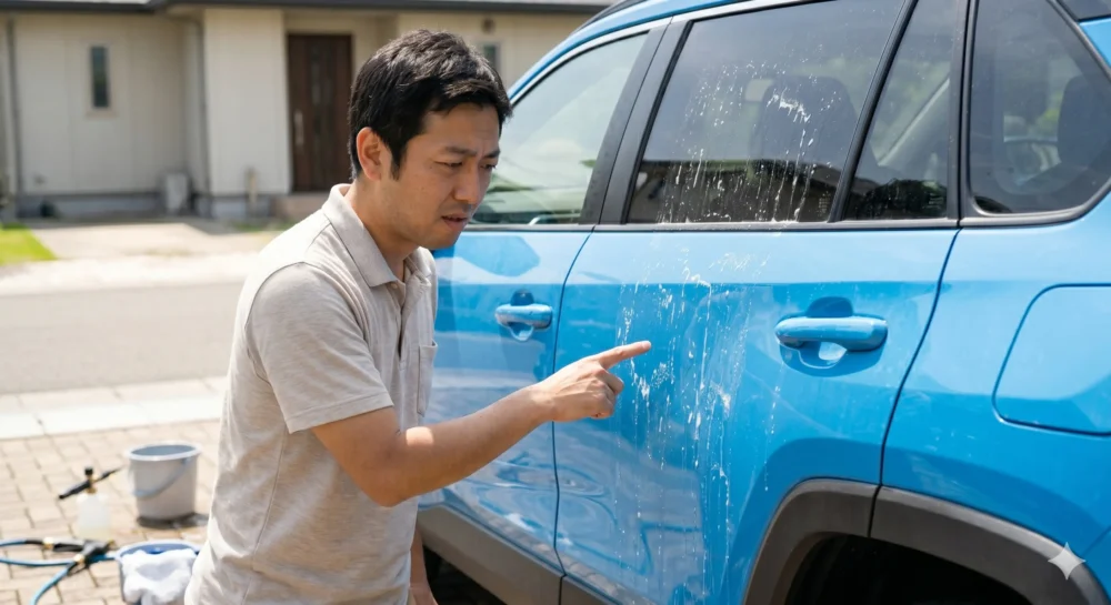炎天下の駐車場で、フォームガンの白い泡が乾きかけている黒い車のボンネット。乾燥した泡がシミになりかけており、注意を促すクローズアップ写真。