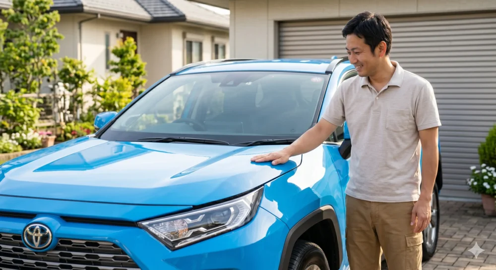 フォームガンで洗車され、ピカピカに輝く青いSUV。横に立つ30〜40代の男性オーナーが満足そうに車を見つめている。
