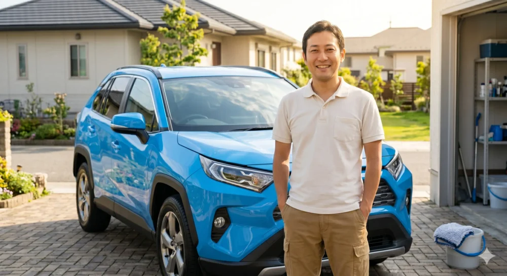 晴れた休日の夕暮れ、自宅の駐車場でピカピカに洗車された青いSUVの前に立つ30〜40代の男性オーナー。両手をポケットに入れて、満足そうに微笑んでいる。