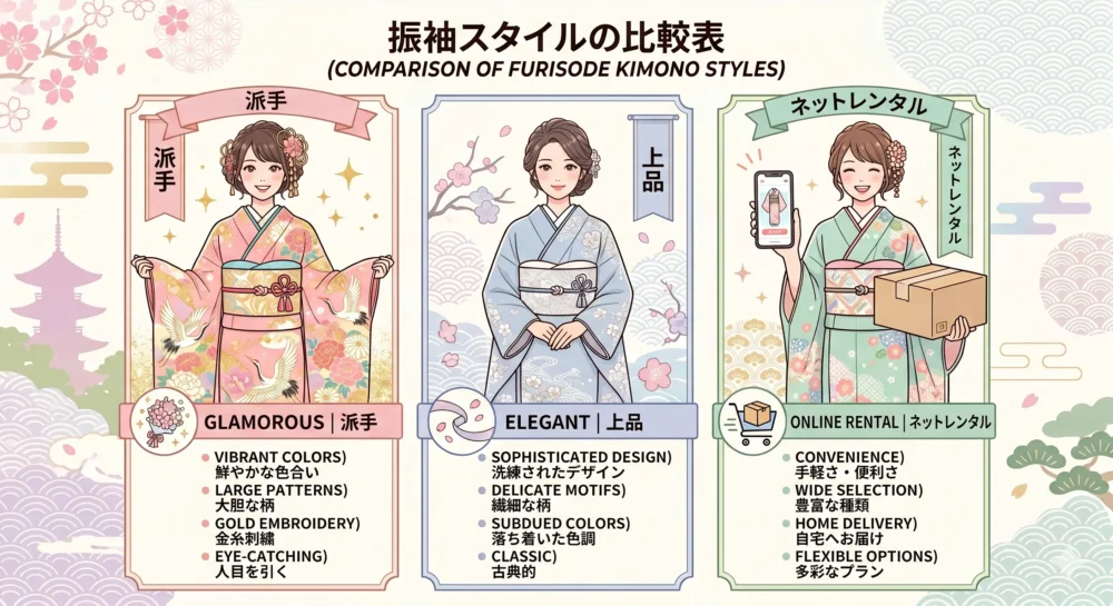 人気振袖ブランド(edel、キモノハーツ、フリソデドール)の特徴を分かりやすく比較したおしゃれな図解・インフォグラフィック