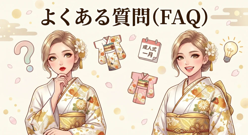 振袖レンタルや予約時期に関する疑問を解決する、Q&Aをイメージした可愛いイラスト図解