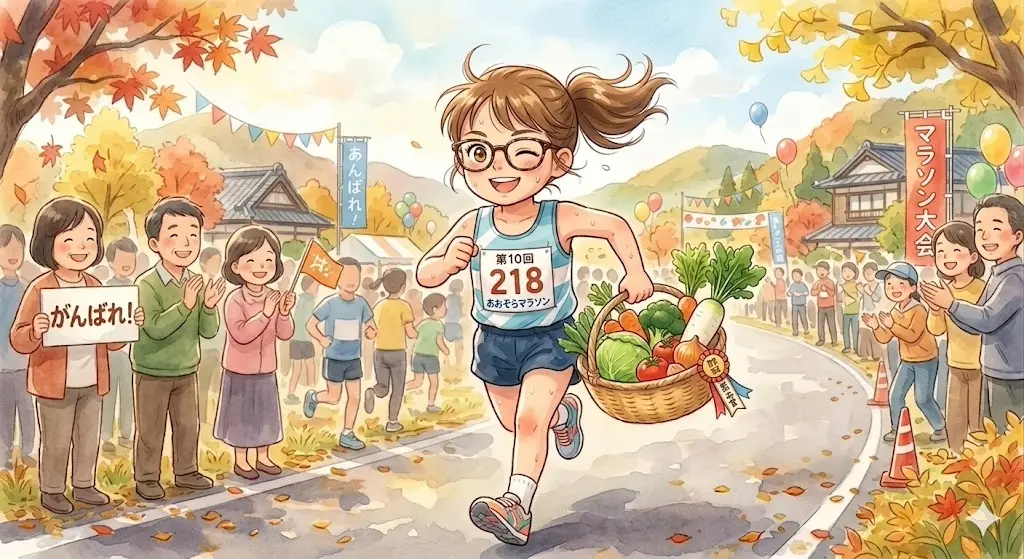 幼少期のギャル曽根さんが、マラソン大会で賞品の食料を獲得し家計を助けていたエピソードを表現したイラスト。