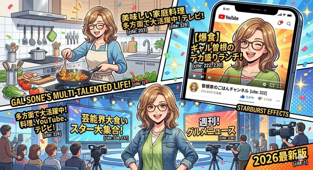 料理家、YouTuber、タレントとして2026年現在も多方面で活躍するギャル曽根さんを描いたイラスト。