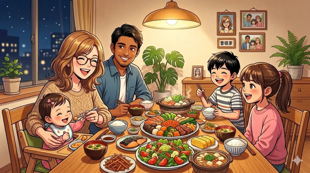 夫の名城ラリータさんと3人のお子さんに囲まれ、賑やかで健康的な食卓を囲むギャル曽根さんファミリーのイメージイラスト。