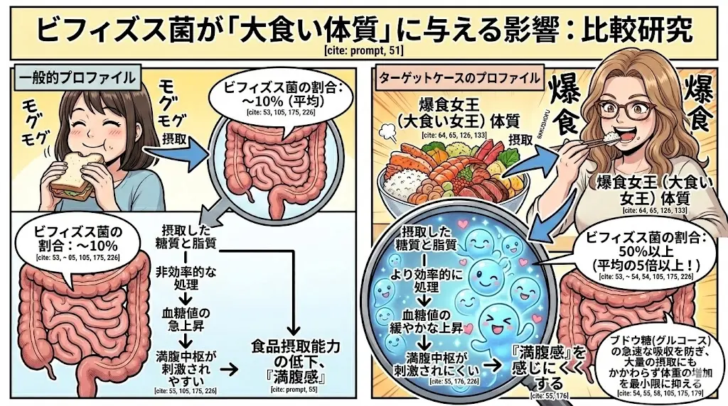 ギャル曽根さんが大食いでも太らない理由である「腸内ビフィズス菌」の働きを分かりやすく解説した図解イラスト。