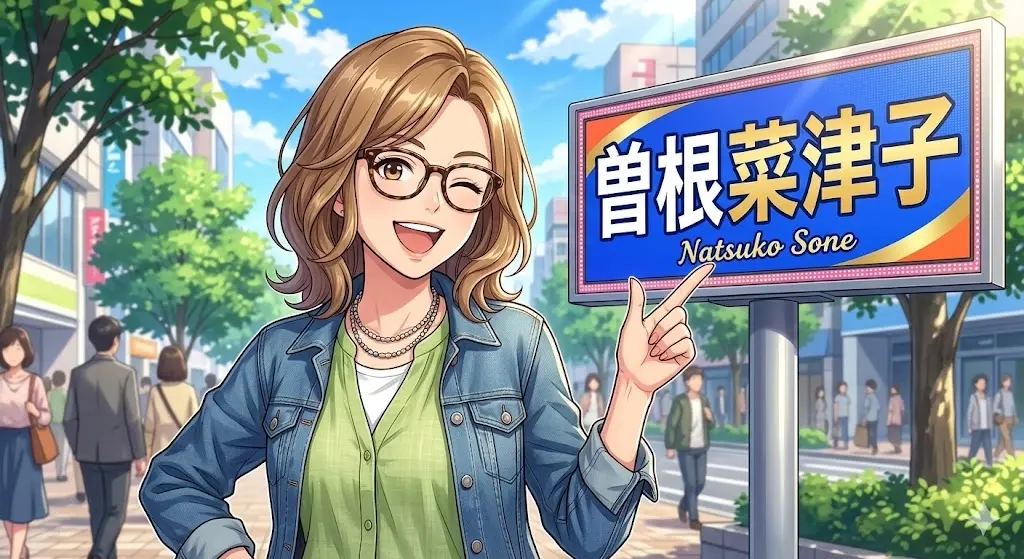 ギャル曽根さんの本名「曽根菜津子」の由来をイメージした、笑顔で名前を紹介する女性のイラスト。