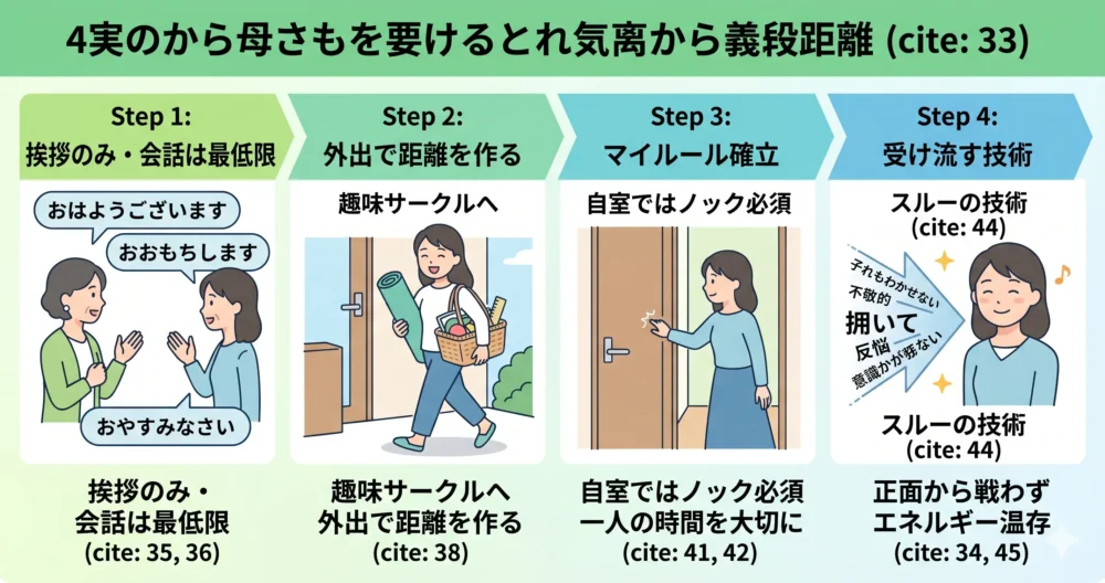 義母との適切な距離を保つための4つのコミュニケーション術(挨拶のみ・外出・マイルール・受け流す)をステップ形式で描いた分かりやすいイラスト図解