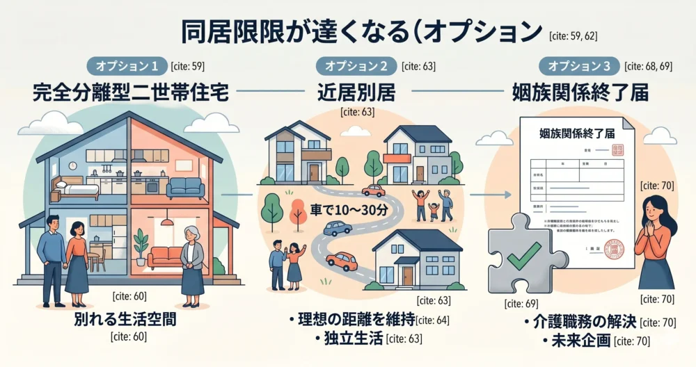 義母との同居限界時に検討すべき3つの選択肢(二世帯住宅・近居別居・姻族関係終了届)を整理したわかりやすい解説イラスト