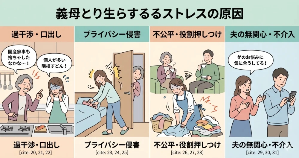 義母との同居ストレスの4つの原因(過干渉・プライバシー侵害・不公平な役割・夫の無関心)を分かりやすく解説した4分割の図解イラスト
