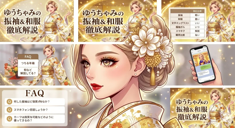 振袖に合わせた華やかなギャルメイク、アップスタイルの髪型、大ぶりの白とゴールドの髪飾りのアップイラスト