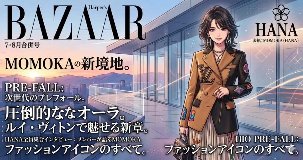 『ハーパーズ バザー』の初ソロ表紙を飾るHANAのMOMOKAをイメージしたイラスト