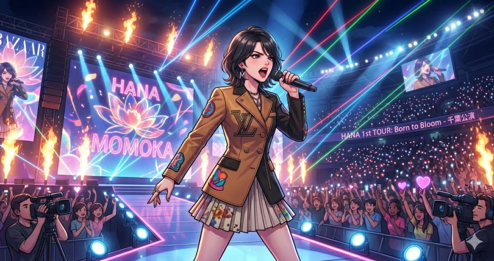 ライブステージで低音ボイスの圧倒的なパフォーマンスを披露するMOMOKAのイラスト
