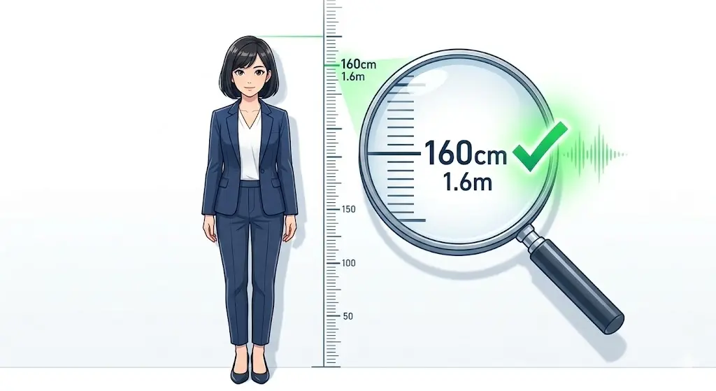 身長計の前でまっすぐ立つ女性と、160cmの数値を指す目盛り、正しい情報を検証するイメージ図。