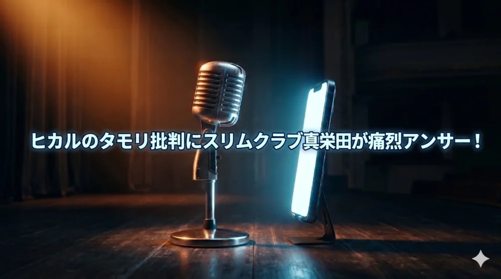 マイクとスマートフォンが対峙する構図｜ヒカルvsスリムクラブ真栄田タモリ論争