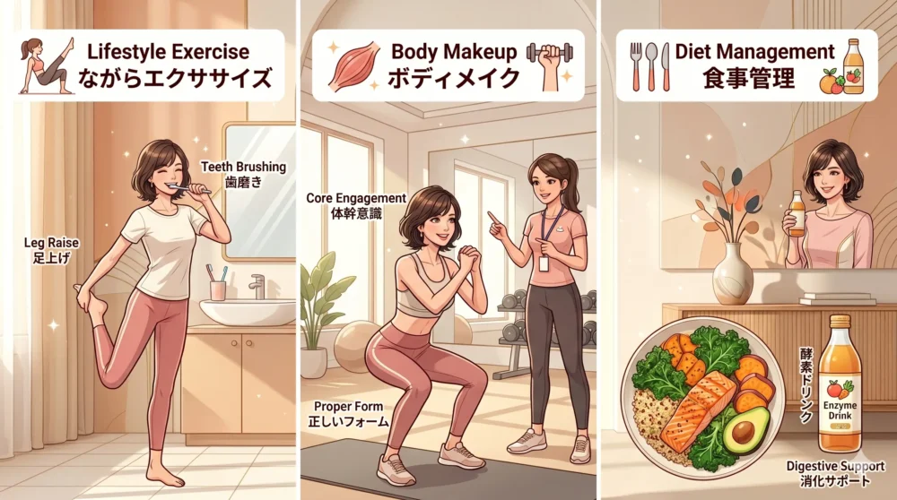 ほしのあきの美ボディを支える3つの習慣(ながら運動・専門ボディメイク・食事管理)を分かりやすく解説した3分割の図解イラスト