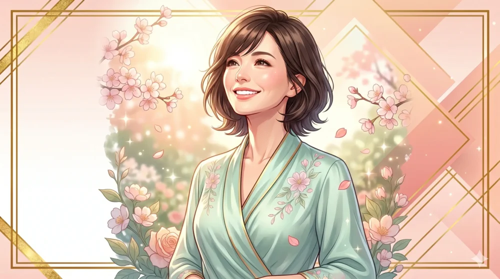 49歳になっても自分らしい習慣で美ボディをキープする、ほしのあきのまとめをイメージした晴れやかな表情の女性イラスト