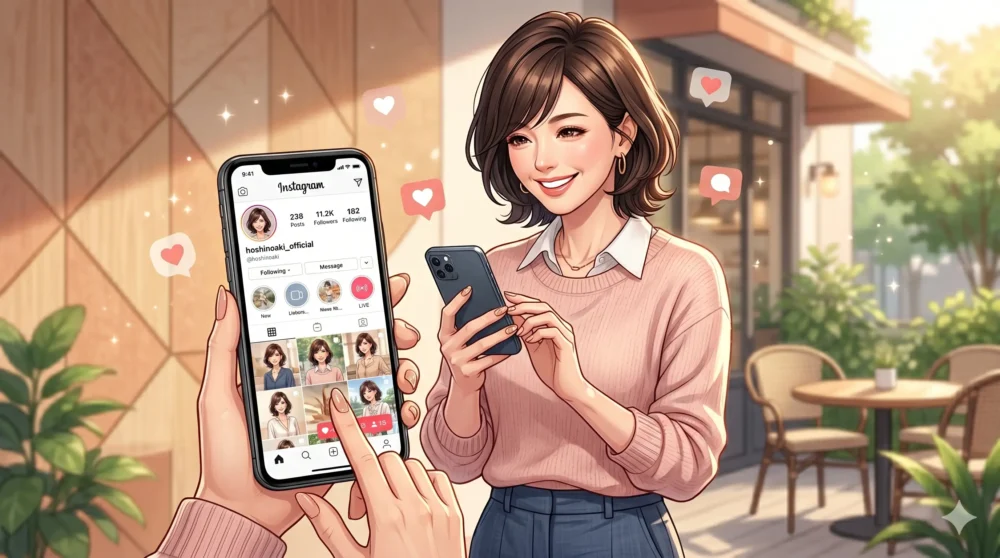 49歳でSNSを開設し、ファンから大反響を集めるほしのあきの近況をイメージした、スマホを見て笑顔になる女性のイラスト