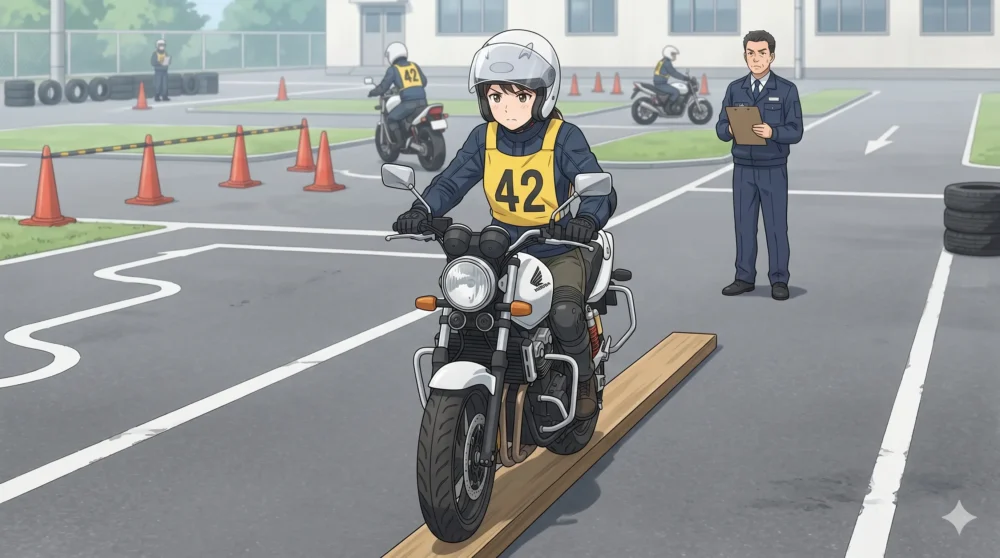 バイク教習所で普通二輪免許の一本橋課題に真剣に挑戦する女性のイラスト