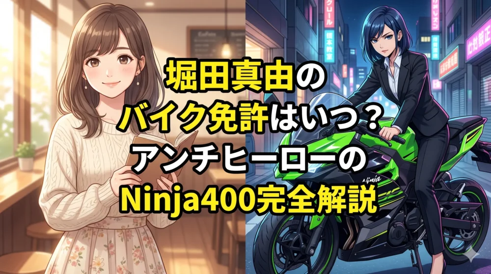 ブログ記事「堀田真由のバイク免許はいつ？アンチヒーローで乗ったNinja400の車種・値段まで完全解説」のアイキャッチ画像。清楚な女性とクールなバイク姿のギャップを表現したイラスト