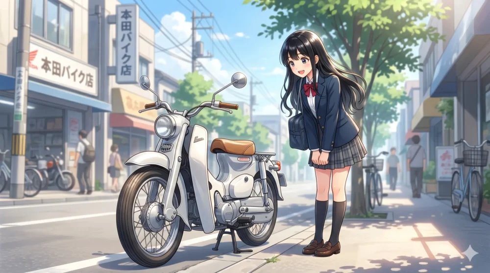 ホンダのCMをきっかけにクラシックなバイクの魅力に目覚める清楚な女子高生風のイラスト