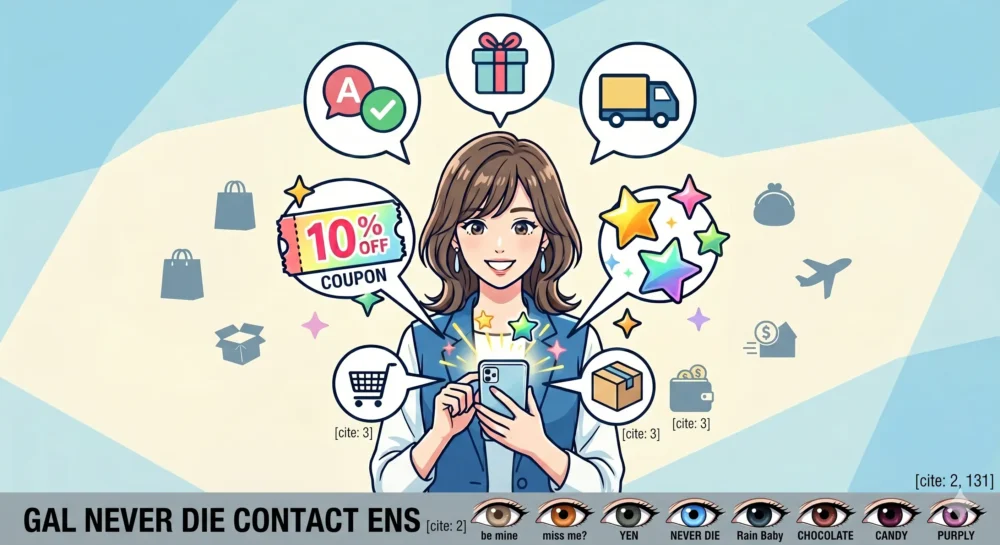 スマホの通販サイトやドン・キホーテ店頭で、お得にクーポンを使ってギャルネバーダイのカラコンを購入するイメージイラスト。