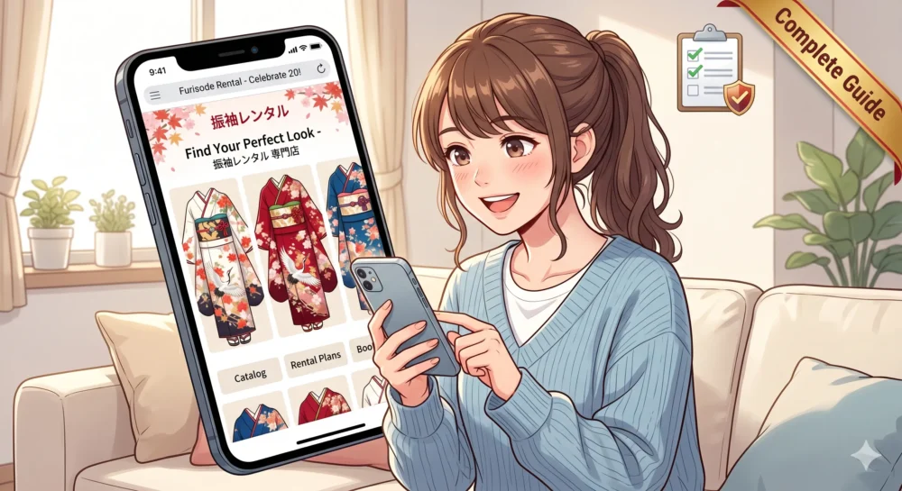 スマートフォンで振袖のネットレンタル画面を見ながら、楽しそうに予約を検討している女の子のイラスト