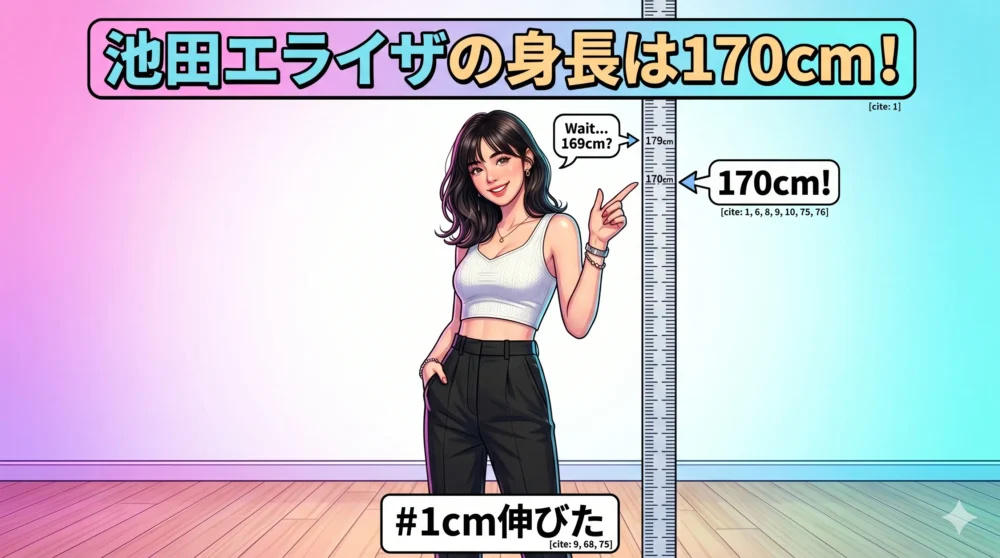 池田エライザの公式身長が169cmから170cmへ伸びたエピソードを表現した、身長計と女性モデルの分かりやすいイラスト図解