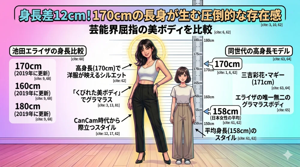 日本人女性の平均身長158cmと、池田エライザの170cmの圧倒的な身長差・スタイルの違いを分かりやすく比較した図解イラスト