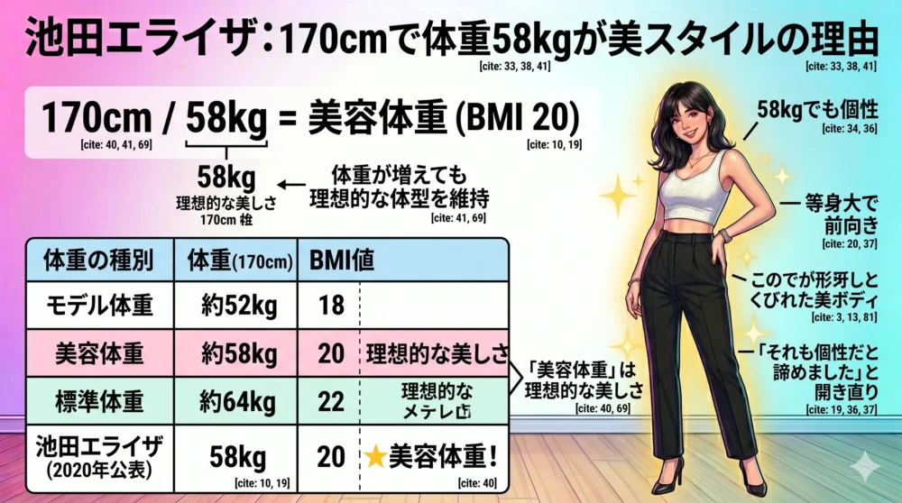 身長170cm・体重58kgが理想的な「美容体重（BMI 20）」であることを解説した、スタイル抜群の女性モデルとデータの図解イラスト
